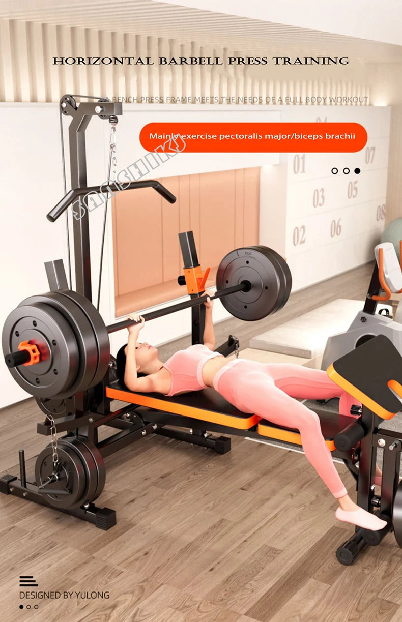10-in-1 Multifunctional Home Gym Weight Bench Set with Squat Rack Lat Pulldown Preacher Curl Bench Press Station