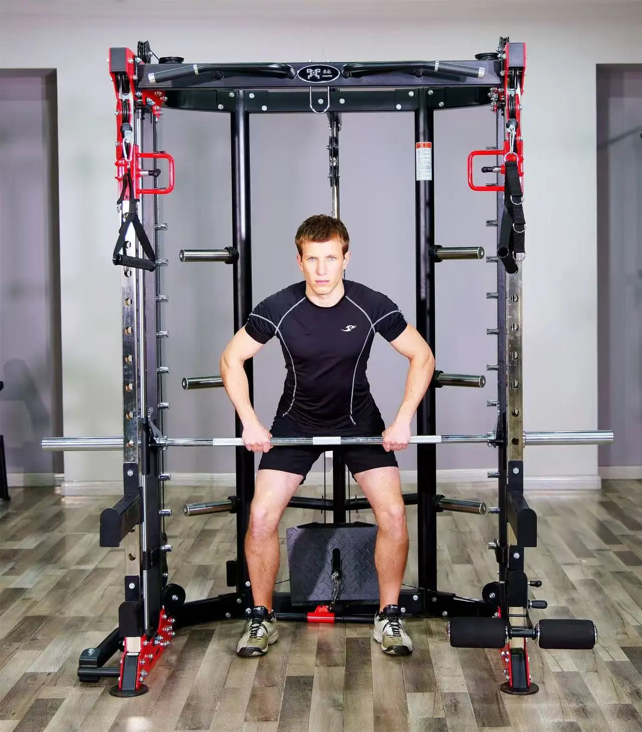 Multifunctional All-in-One Smith Machine Cable Crossover Trainer, Heavy Duty Full Body Strength Training Gym Equipment with Weig