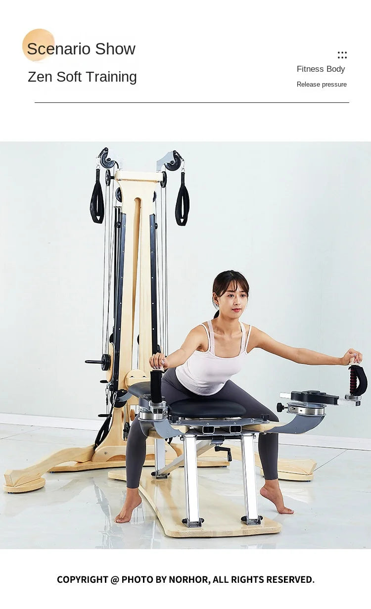 Professional Pilates Reformer Machine with Tower, Wooden Gyrotonic Trainer for Core Strength & Flexibility Training